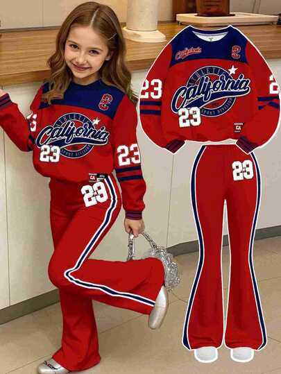 Setelan Anak Perempuan 2pcs/Set Kasual Longgar 23 Motif Sweatshirt Lengan Panjang dan Celana Flare Musim Gugur, Musim Panas, Hari Karier, Kembali ke Sekolah, Gaya Jalanan