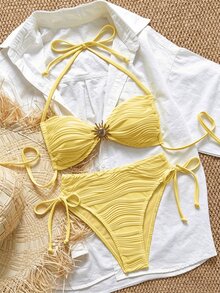 Swim Mod 2026 New Plus Size Women 2pcs Yellow Jewelry Drawstring Triangle Bikini Sexy Swimwear Set Summer Beach - Yellow - View 1