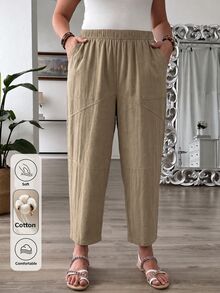 EMERY ROSE Cotton High Waist Patch Pocket Casual Solid Color Cuffed Ankle Harem Pants Fall - Camel - View 3