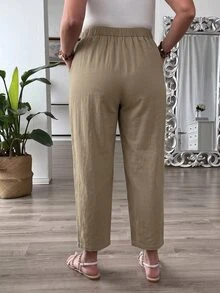 EMERY ROSE Cotton High Waist Patch Pocket Casual Solid Color Cuffed Ankle Harem Pants Fall - Camel - View 2