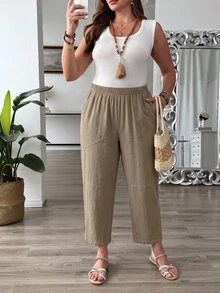 EMERY ROSE Cotton High Waist Patch Pocket Casual Solid Color Cuffed Ankle Harem Pants Fall - Camel - View 4