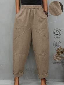 EMERY ROSE Cotton High Waist Patch Pocket Casual Solid Color Cuffed Ankle Harem Pants Fall - Camel - View 1