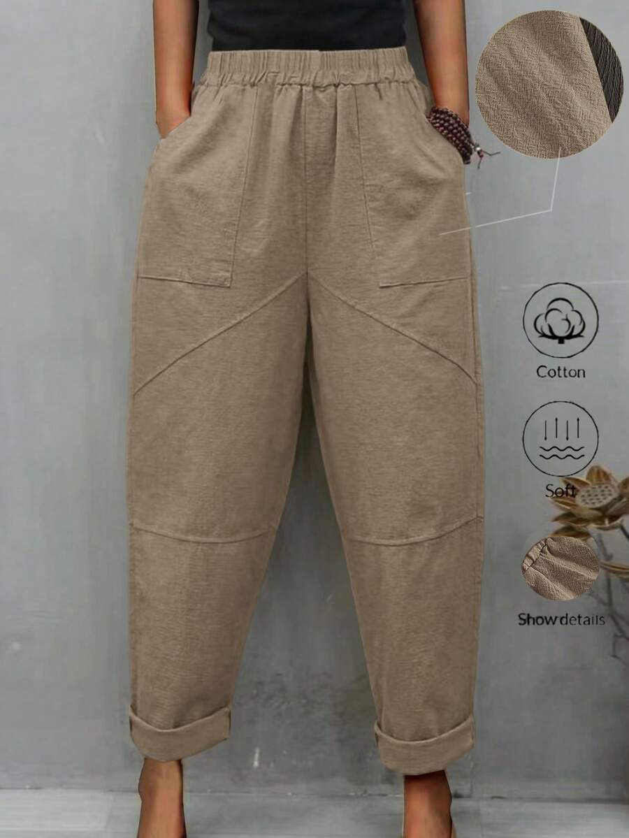 EMERY ROSE Cotton High Waist Patch Pocket Casual Solid Color Cuffed Ankle Harem Pants Fall - Camel - View 1