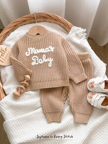 Cozy Pixies Newborn Baby Boy Baby Girl Letter Pattern Knit Soft Crew Neck Long Sleeve Pullover Autumn Top Elastic Waist Long Pants Sweater 2 Pieces Set - Khaki - View 8