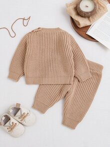Cozy Pixies Newborn Baby Boy Baby Girl Letter Pattern Knit Soft Crew Neck Long Sleeve Pullover Autumn Top Elastic Waist Long Pants Sweater 2 Pieces Set - Khaki - View 2
