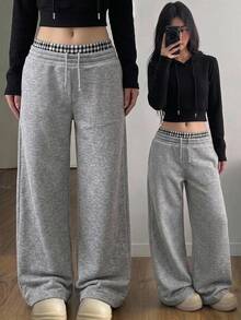 SHEIN Teen Girl Teen Girls Knit Colorblock Casual Drawstring Sweatpants - Light Grey - View 3