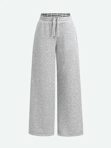 SHEIN Teen Girl Teen Girls Knit Colorblock Casual Drawstring Sweatpants - Light Grey - View 8