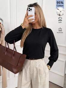 SHEIN LUNE Lantern Sleeves 女款純棉黑色秋冬針織打底上衣，適合外出、早午餐、休閒穿著 - 咖啡棕 - 查看 6