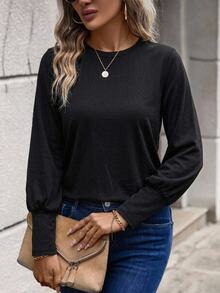 SHEIN LUNE Lantern Sleeves 女款純棉黑色秋冬針織打底上衣，適合外出、早午餐、休閒穿著 - 咖啡棕 - 查看 3