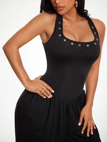 Radiana Women's Minimalist Casual Fashion Eyelet Decor Black Jumpsuit, Sexy Deep U-Neck Backless Jumpsuit, Lantern Pants, Tapered Leg Jumpsuit, Balloon Leg Jumpsuit, Sleeveless Tank Jumpsuit, Long Jumpsuit, High Elastic Knit Jumpsuit, Commuter Jumpsuit, Daily Casual Outwear, Workplace Jumpsuit, Casual Business Women's Clothing - Black - View 7