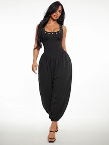 Radiana Women's Minimalist Casual Fashion Eyelet Decor Black Jumpsuit, Sexy Deep U-Neck Backless Jumpsuit, Lantern Pants, Tapered Leg Jumpsuit, Balloon Leg Jumpsuit, Sleeveless Tank Jumpsuit, Long Jumpsuit, High Elastic Knit Jumpsuit, Commuter Jumpsuit, Daily Casual Outwear, Workplace Jumpsuit, Casual Business Women's Clothing - Black - View 2