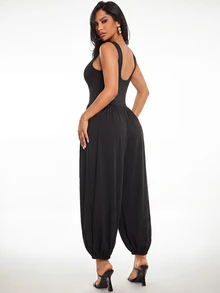 Radiana Women's Minimalist Casual Fashion Eyelet Decor Black Jumpsuit, Sexy Deep U-Neck Backless Jumpsuit, Lantern Pants, Tapered Leg Jumpsuit, Balloon Leg Jumpsuit, Sleeveless Tank Jumpsuit, Long Jumpsuit, High Elastic Knit Jumpsuit, Commuter Jumpsuit, Daily Casual Outwear, Workplace Jumpsuit, Casual Business Women's Clothing - Black - View 3