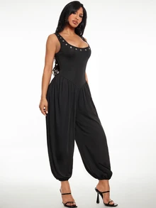 Radiana Women's Minimalist Casual Fashion Eyelet Decor Black Jumpsuit, Sexy Deep U-Neck Backless Jumpsuit, Lantern Pants, Tapered Leg Jumpsuit, Balloon Leg Jumpsuit, Sleeveless Tank Jumpsuit, Long Jumpsuit, High Elastic Knit Jumpsuit, Commuter Jumpsuit, Daily Casual Outwear, Workplace Jumpsuit, Casual Business Women's Clothing - Black - View 4