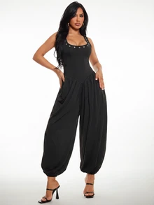 Radiana Women's Minimalist Casual Fashion Eyelet Decor Black Jumpsuit, Sexy Deep U-Neck Backless Jumpsuit, Lantern Pants, Tapered Leg Jumpsuit, Balloon Leg Jumpsuit, Sleeveless Tank Jumpsuit, Long Jumpsuit, High Elastic Knit Jumpsuit, Commuter Jumpsuit, Daily Casual Outwear, Workplace Jumpsuit, Casual Business Women's Clothing - Black - View 6