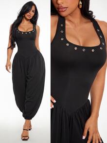 Radiana Women's Minimalist Casual Fashion Eyelet Decor Black Jumpsuit, Sexy Deep U-Neck Backless Jumpsuit, Lantern Pants, Tapered Leg Jumpsuit, Balloon Leg Jumpsuit, Sleeveless Tank Jumpsuit, Long Jumpsuit, High Elastic Knit Jumpsuit, Commuter Jumpsuit, Daily Casual Outwear, Workplace Jumpsuit, Casual Business Women's Clothing - Black - View 1
