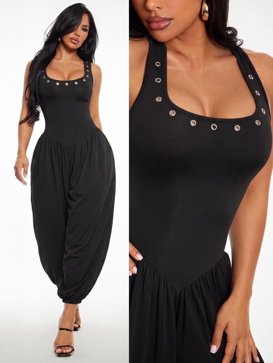 Radiana Women's Minimalist Casual Fashion Eyelet Decor Black Jumpsuit, Sexy Deep U-Neck Backless Jumpsuit, Lantern Pants, Tapered Leg Jumpsuit, Balloon Leg Jumpsuit, Sleeveless Tank Jumpsuit, Long Jumpsuit, High Elastic Knit Jumpsuit, Commuter Jumpsuit, Daily Casual Outwear, Workplace Jumpsuit, Casual Business Women's Clothing - Black - View 1