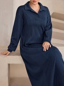 Mulvari Women's Textured Fabric Design Contrast Collar Sweatshirt Dress - Navy Blue - View 6