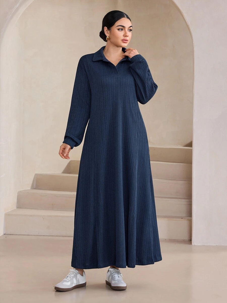 Mulvari Women's Textured Fabric Design Contrast Collar Sweatshirt Dress Brunch Navy Blue Autumn Casual Modest