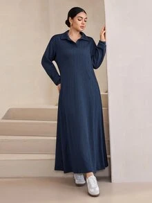 Mulvari Women's Textured Fabric Design Contrast Collar Sweatshirt Dress - Navy Blue - View 2