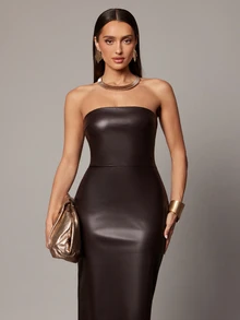 Silquee Women's Fashion Commuter Strapless Midi Dress - Brown - View 3