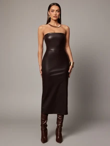 Silquee Women's Fashion Commuter Strapless Midi Dress - Brown - View 5