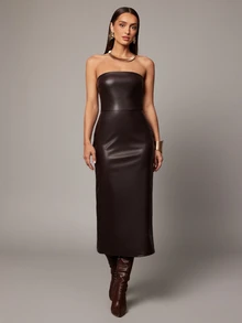 Silquee Women's Fashion Commuter Strapless Midi Dress - Brown - View 8