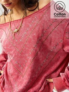 Bohemela 休閒 70年代 90年代 素色針織不對稱領寬鬆版型女款衛衣 假日辦公 淡粉色 秋季 - 紅色 - 查看 1