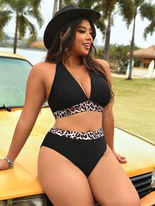 Swim Vcay 2025 Plus Size Women Leopard Print Halter Tie Front Sexy Bikini Set For Beach Vacation Summer - Black - View 1