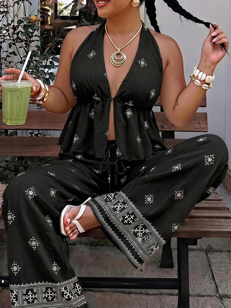 Muchica Black And White Casual Boho Women's Plus Size Floral Print Halter Top And Pants 2 Pieces Set Vacation Beach Summer - Black - View 1