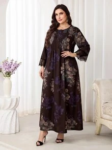 Al Najma 大尺碼女款花卉印花休閒派對旅行阿拉伯風洋裝 - 咖啡棕 - 查看 7