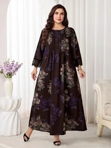 Al Najma 大尺碼女款花卉印花休閒派對旅行阿拉伯風洋裝 - 咖啡棕 - 查看 5