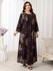 Al Najma 大尺碼女款花卉印花休閒派對旅行阿拉伯風洋裝 - 咖啡棕 - 查看 4