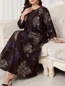 Al Najma 大尺碼女款花卉印花休閒派對旅行阿拉伯風洋裝 - 咖啡棕 - 查看 8