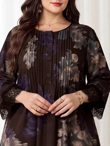 Al Najma 大尺碼女款花卉印花休閒派對旅行阿拉伯風洋裝 - 咖啡棕 - 查看 3