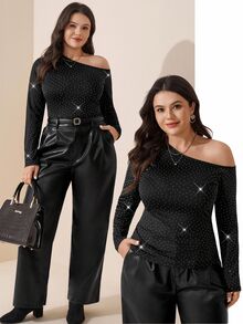 Comfylo Camiseta de talla grande para mujer con lunares, hombro asimétrico, ajuste ceñido, versátil, casual, estilo sexy de los 70, para uso diario, citas y fiestas, en blanco y negro, top brillante de otoño - Negro - Ver 11