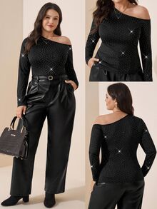 Comfylo Camiseta de talla grande para mujer con lunares, hombro asimétrico, ajuste ceñido, versátil, casual, estilo sexy de los 70, para uso diario, citas y fiestas, en blanco y negro, top brillante de otoño - Negro - Ver 3