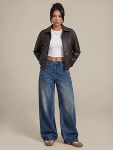 SHEIN PETITE 女款做舊PU皮革夾克，深棕色Y2K短版寬鬆外套，秋季休閒街頭風，巧克力棕短款外套，適合嬌小女性 - 摩卡棕 - 查看 1