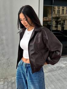 SHEIN PETITE 女款做舊PU皮革夾克，深棕色Y2K短版寬鬆外套，秋季休閒街頭風，巧克力棕短款外套，適合嬌小女性 - 摩卡棕 - 查看 6