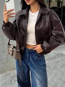 SHEIN PETITE 女款做舊PU皮革夾克，深棕色Y2K短版寬鬆外套，秋季休閒街頭風，巧克力棕短款外套，適合嬌小女性 - 摩卡棕 - 查看 3