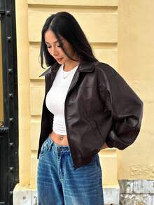 SHEIN PETITE 女款做舊PU皮革夾克，深棕色Y2K短版寬鬆外套，秋季休閒街頭風，巧克力棕短款外套，適合嬌小女性 - 摩卡棕 - 查看 10