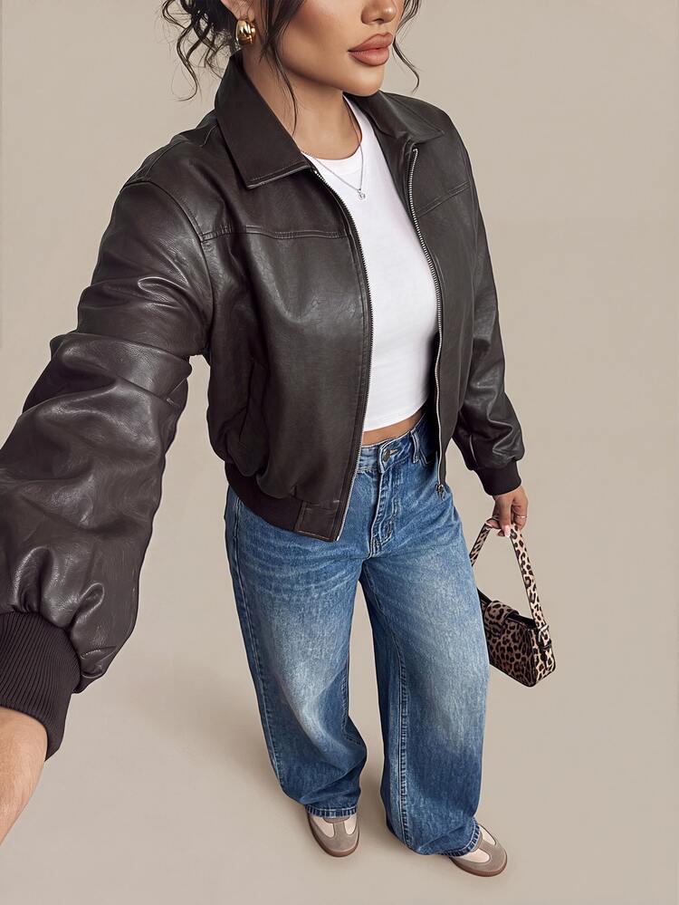 SHEIN PETITE 女款做舊PU皮革夾克，深棕色Y2K短版寬鬆外套，秋季休閒街頭風，巧克力棕短款外套，適合嬌小女性 - 摩卡棕 - 查看 2