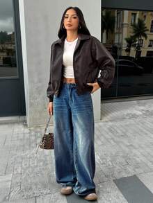 SHEIN PETITE 女款做舊PU皮革夾克，深棕色Y2K短版寬鬆外套，秋季休閒街頭風，巧克力棕短款外套，適合嬌小女性 - 摩卡棕 - 查看 7