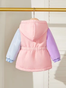 SHEIN Playful Pals Toddler Girl Colorblock Hooded Winter Coat, Fuzzy Fleece‑Lined Zipper Elastic Waist Warm Outerwear - Multicolor - View 2