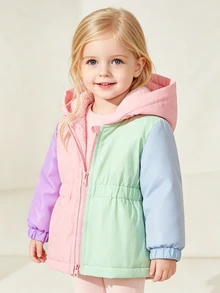 SHEIN Playful Pals Toddler Girl Colorblock Hooded Winter Coat, Fuzzy Fleece‑Lined Zipper Elastic Waist Warm Outerwear - Multicolor - View 1
