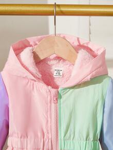 SHEIN Playful Pals Toddler Girl Colorblock Hooded Winter Coat, Fuzzy Fleece‑Lined Zipper Elastic Waist Warm Outerwear - Multicolor - View 6