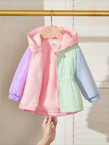 SHEIN Playful Pals Toddler Girl Colorblock Hooded Winter Coat, Fuzzy Fleece‑Lined Zipper Elastic Waist Warm Outerwear - Multicolor - View 3