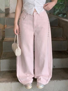 Dazy Plus Regular Mid-Waist Pearl Patchwork Loose Wide Leg Long Pants Casual Pink Denim Jeans For Girls - Pink - View 2