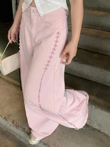 Dazy Plus Regular Mid-Waist Pearl Patchwork Loose Wide Leg Long Pants Casual Pink Denim Jeans For Girls - Pink - View 6