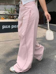 Dazy Plus Regular Mid-Waist Pearl Patchwork Loose Wide Leg Long Pants Casual Pink Denim Jeans For Girls - Pink - View 5