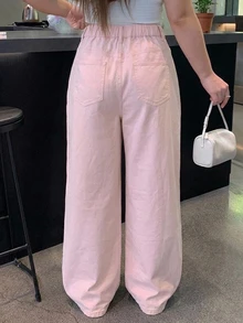 Dazy Plus Regular Mid-Waist Pearl Patchwork Loose Wide Leg Long Pants Casual Pink Denim Jeans For Girls - Pink - View 3